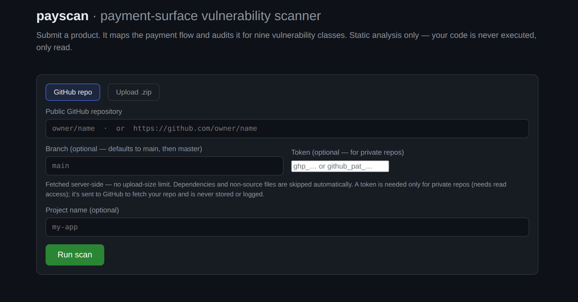 payscan submission form — paste a public GitHub repo or upload a .zip