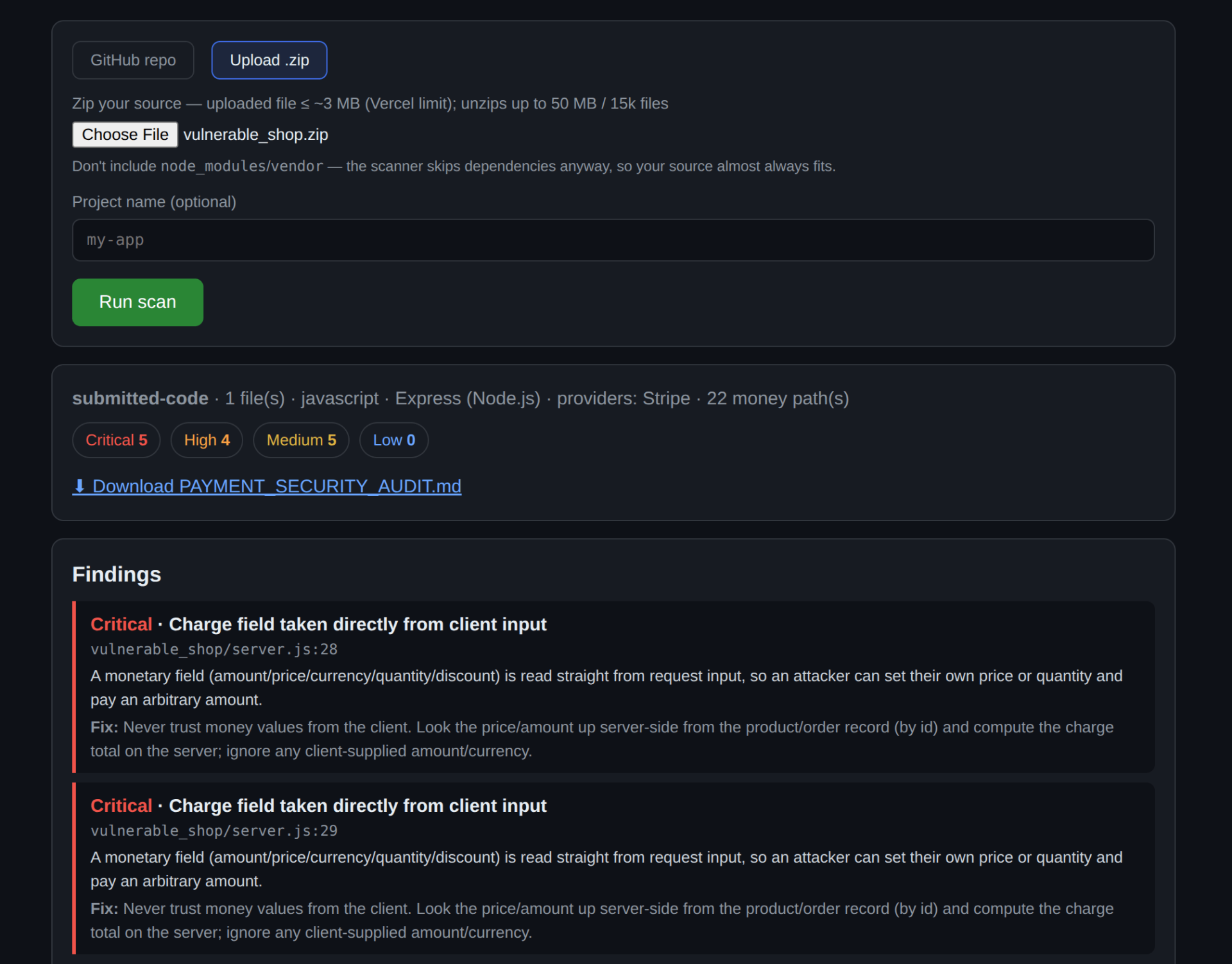 payscan results — severity counts and detailed findings with fix guidance